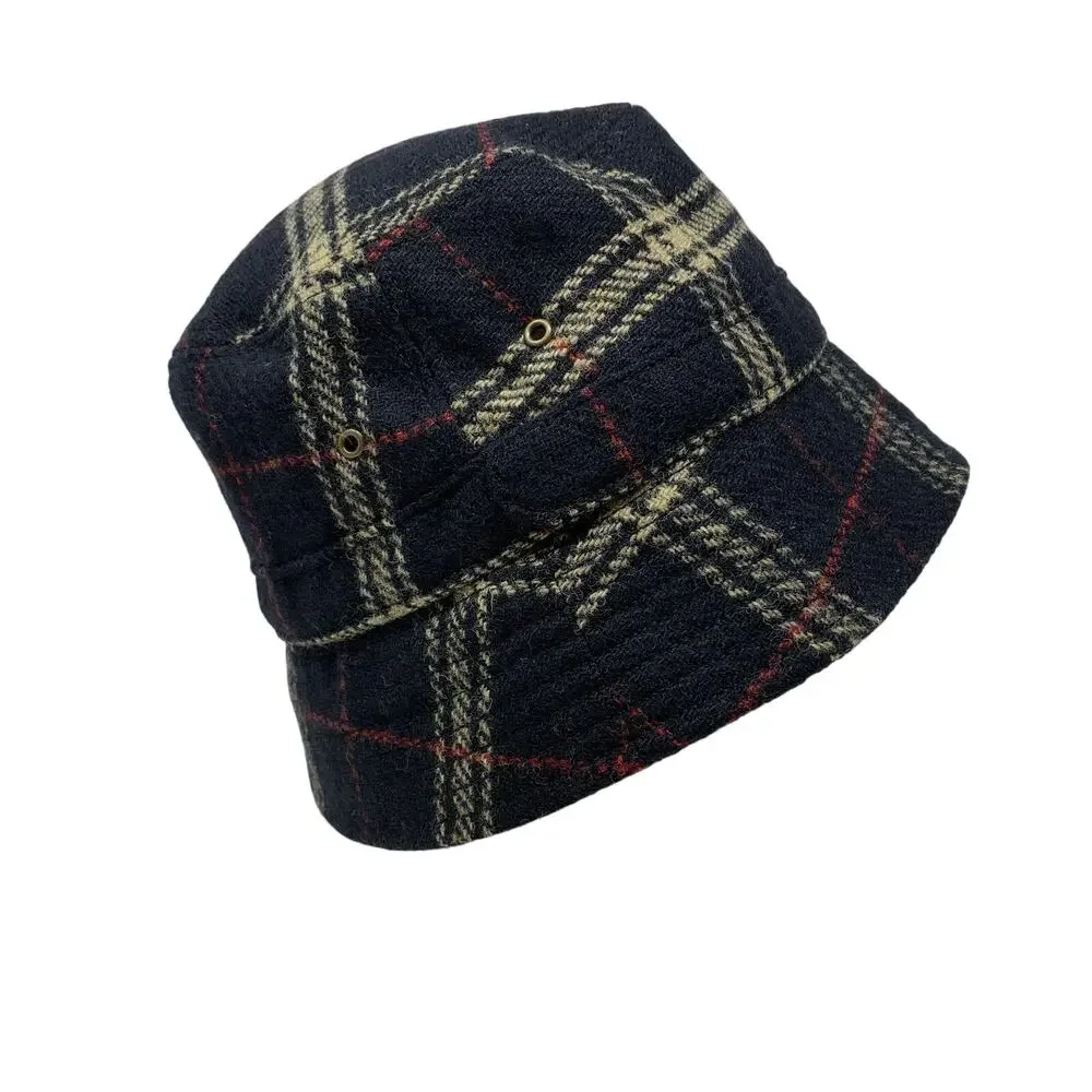 J.Crew Bucket Hat Womens Size M/L Black Cream Plaid 100% Lambs Wool